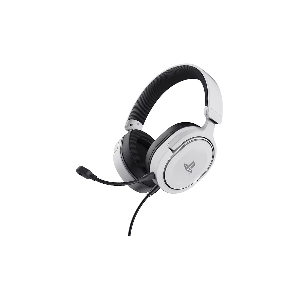 Weißes Gaming-Headset mit Mikrofon, Playstation-Logo auf den Ohrmuscheln.