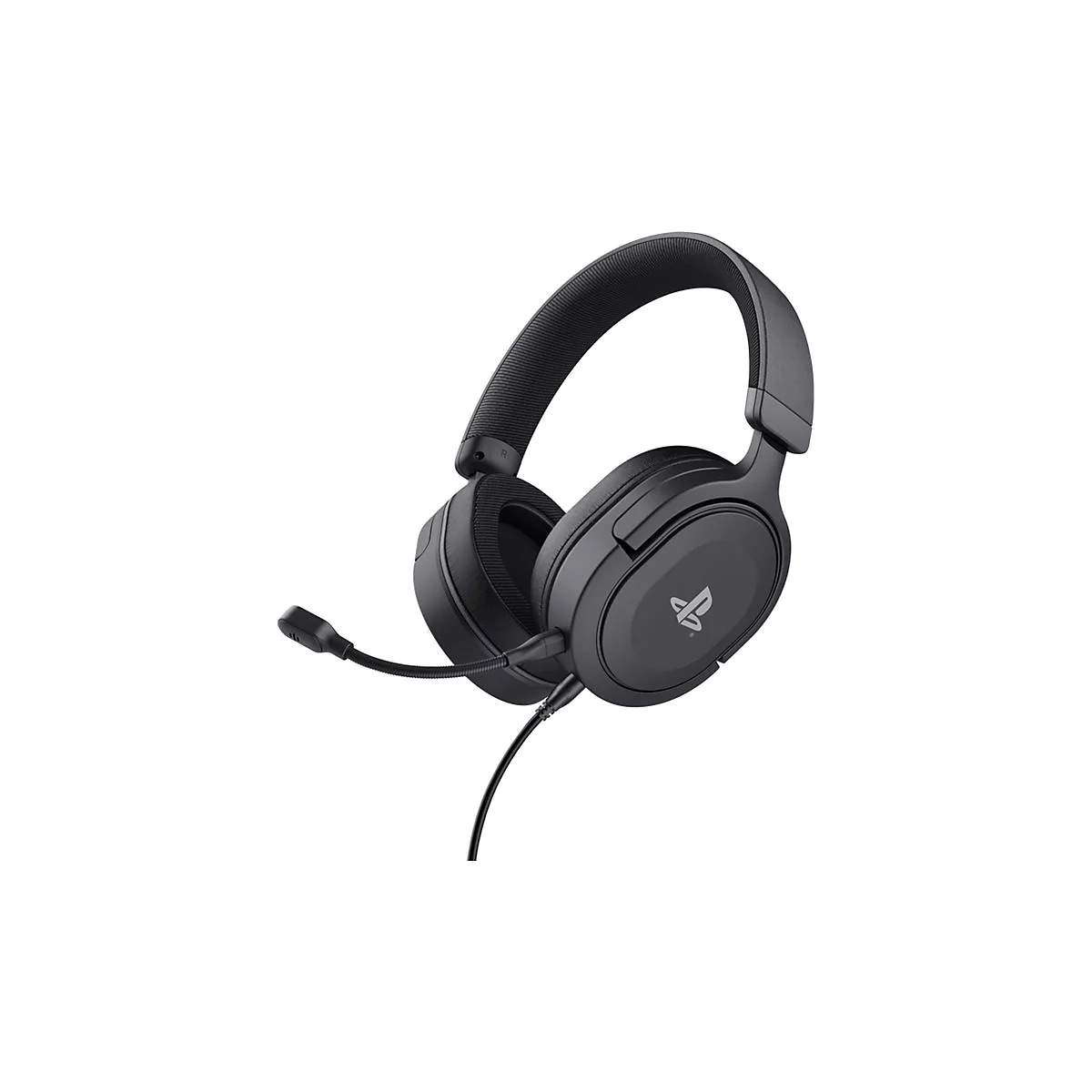 Schwarzes PlayStation Gaming-Headset mit Bügelmikrofon vor weißem Hintergrund.
