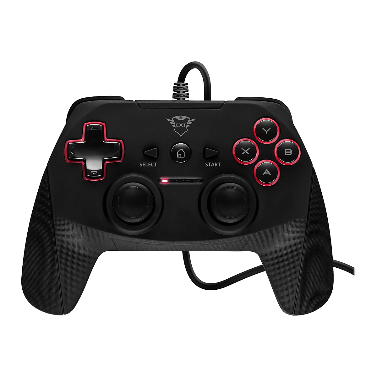 Manette de jeu noire avec des accents et des boutons rouges. La manette possède une croix directionnelle, des sticks analogiques et des boutons de fonction.