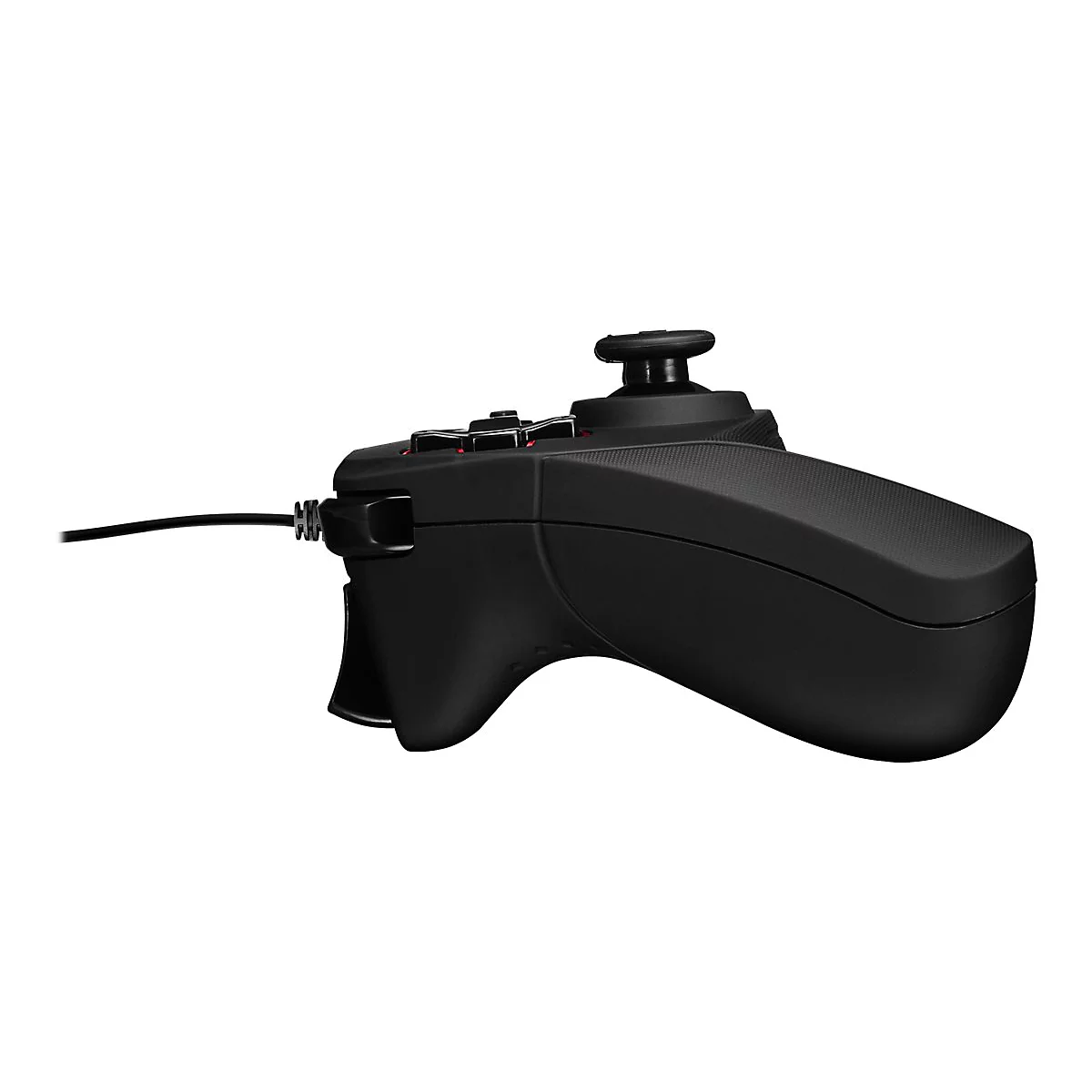 Vue détaillée d'une manette noire avec boutons, joystick et câble.