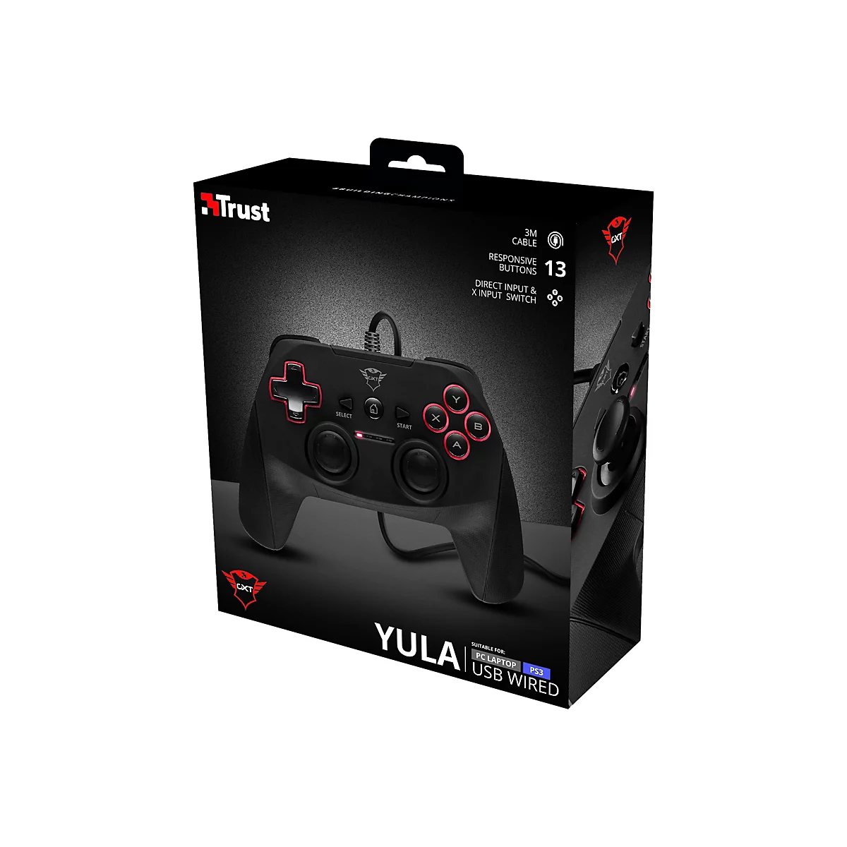 Sur l'emballage noir d'une manette de jeu, on peut lire "Trust" et "Yula" en blanc et rouge. La manette elle-même est noire avec des touches de rouge.