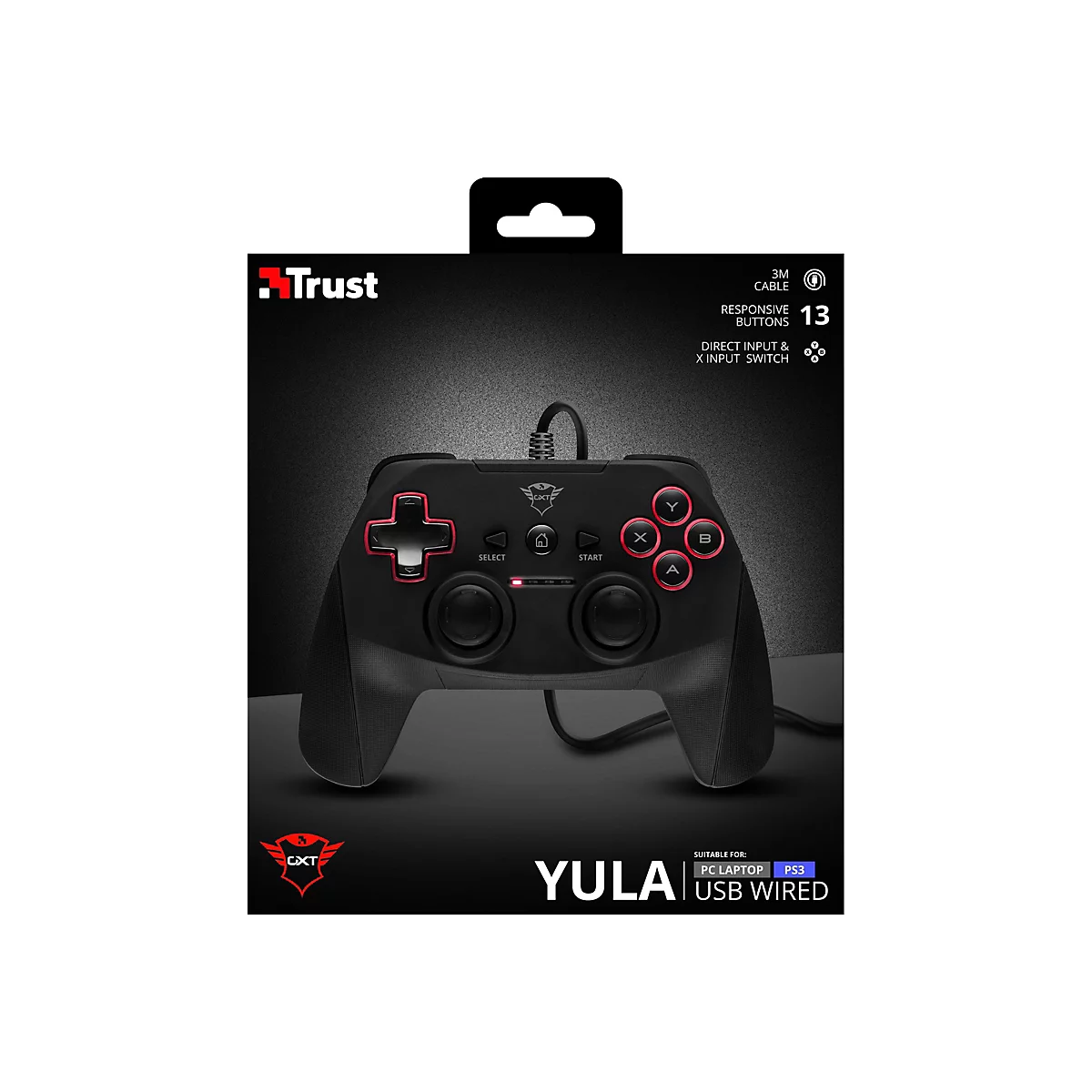 Manette de jeu noire sur fond noir, boutons rouges, câble, texte : Trust, YULA, USB Wired.