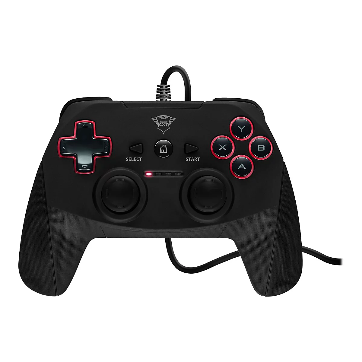Manette de jeu noire avec des accents rouges. La manette a un câble et des boutons avec des étiquettes.