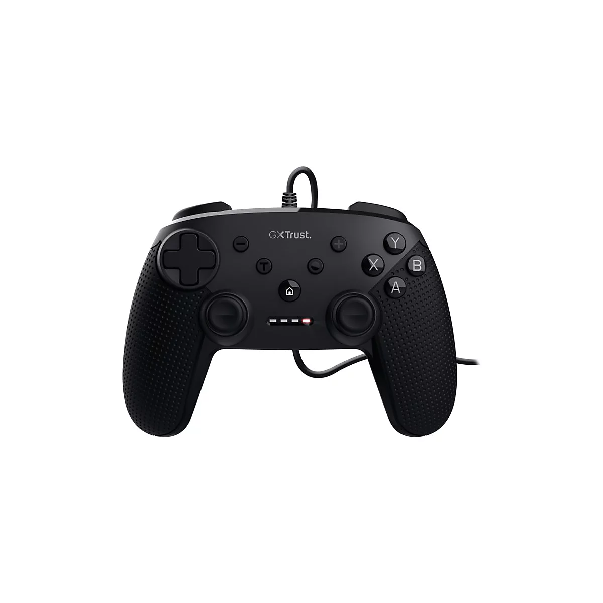 Schwarzer kabelgebundener Gaming-Controller mit strukturierten Griffen und Tastenanordnung für Nintendo Switch.