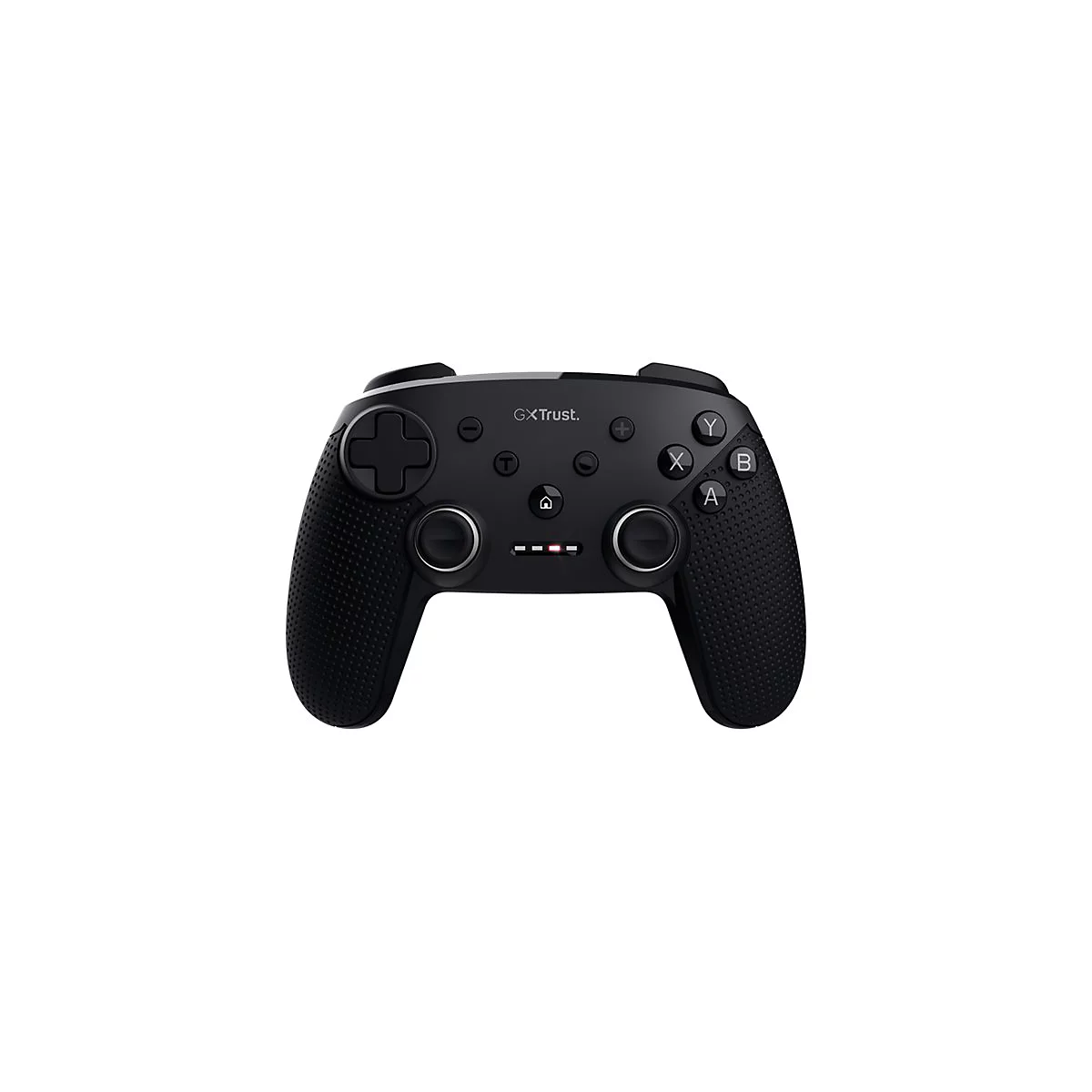 Schwarzer kabelloser Gaming-Controller mit texturierten Griffen, Tastenanordnung und beleuchteter LED-Anzeige.