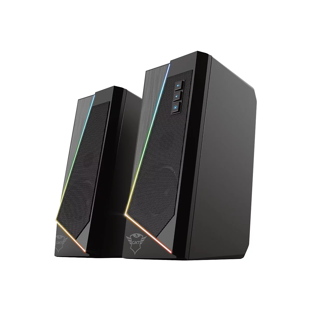 Zwei schwarze Gaming-Lautsprecher mit RGB-Beleuchtung auf weißem Hintergrund.