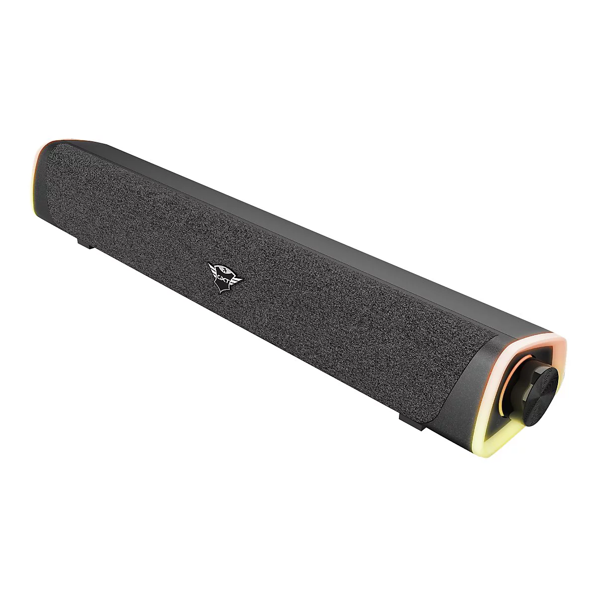 Schwarze Soundbar mit Knopf und LED-Lichtern. Auf der Oberseite ist ein Logo zu sehen.