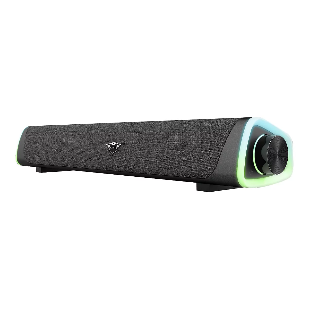 Schwarze Soundbar mit Stoffbezug, beleuchteten Enden und einem Drehknopf. Die Marke Trust ist sichtbar.