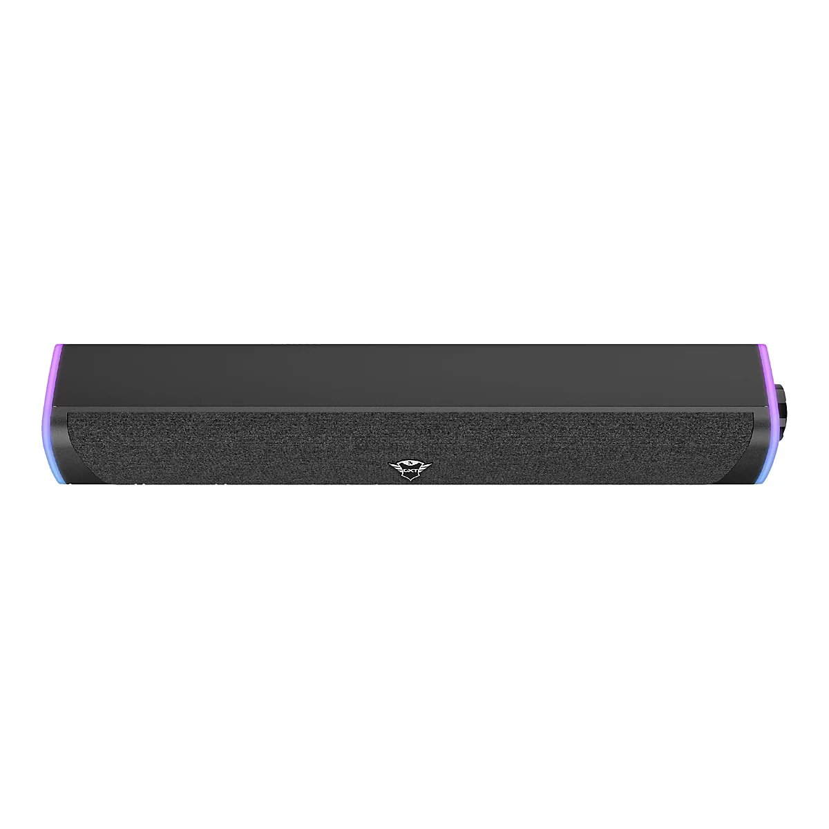 Schwarzer Soundbar mit Stofffront und farbigen Akzenten. An der Front ist das Logo des Herstellers zu sehen.