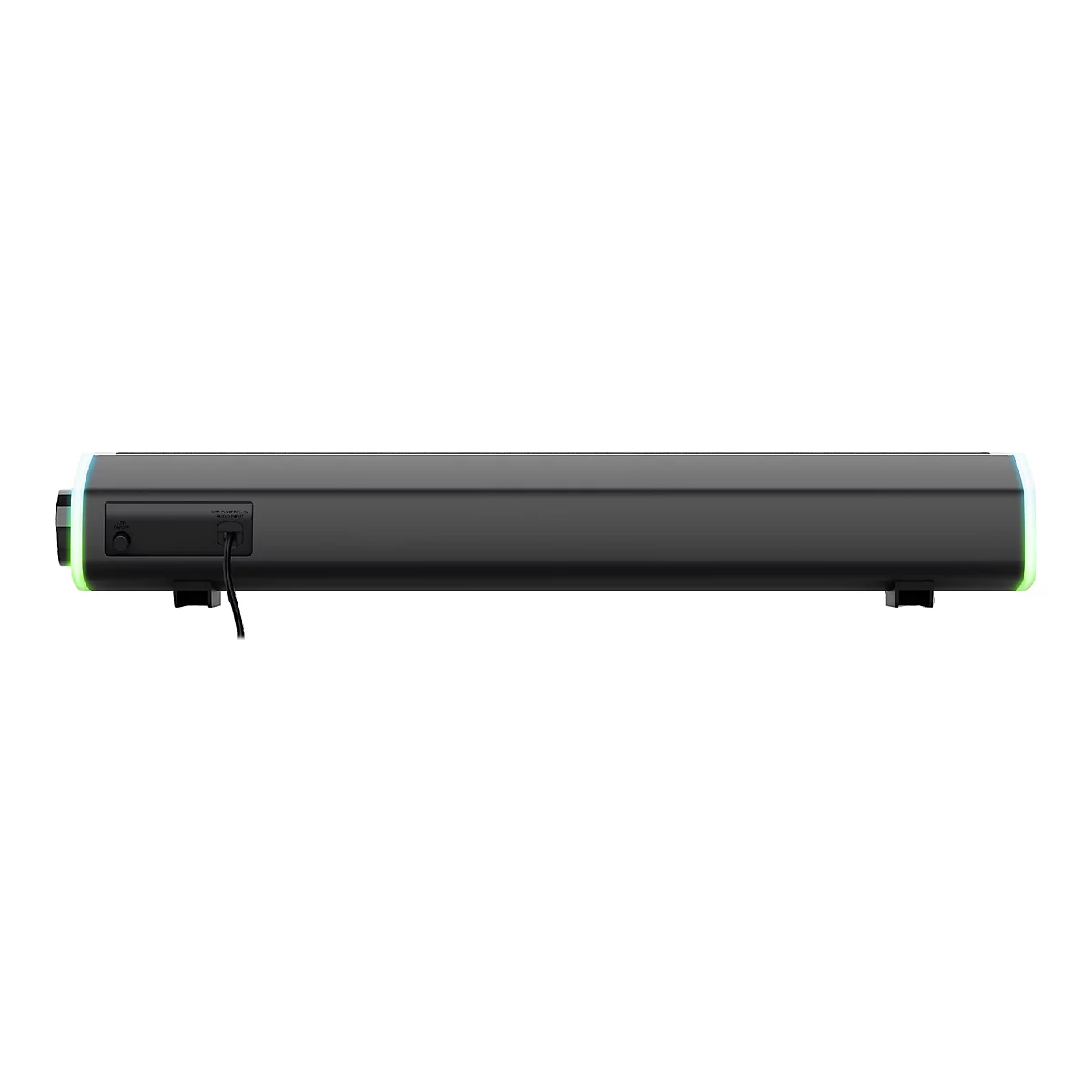 Rückseite einer schwarzen Gaming-Soundbar mit LED-Beleuchtung und Anschlusskabel vor weißem Hintergrund.