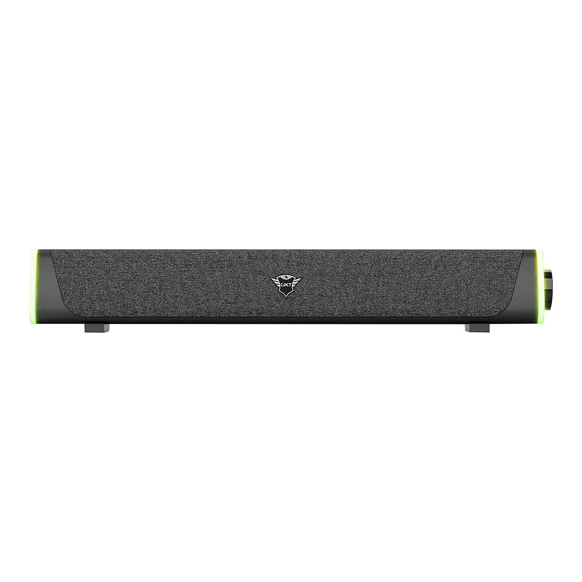 Schwarze Soundbar mit Textilfront, Trust-Logo und seitlicher LED-Beleuchtung vor weißem Hintergrund.
