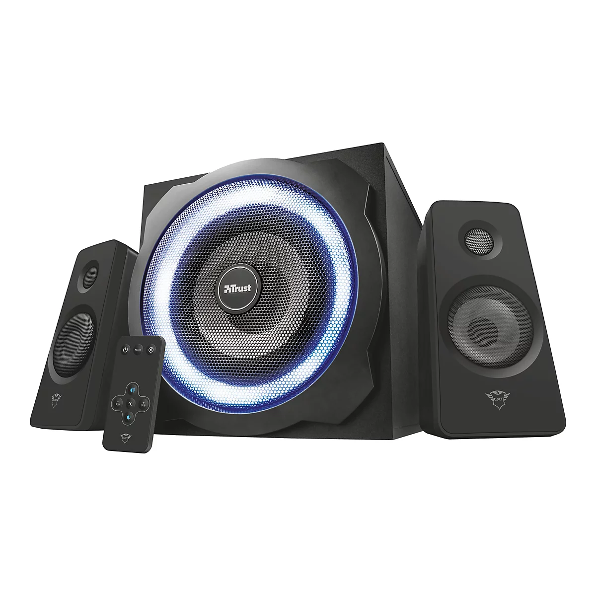 Schwarzes 2.1-Lautsprechersystem, zentraler Subwoofer mit blauem Lichtring, zwei Satellitenlautsprecher, Fernbedienung. Die Marke ist Trust.