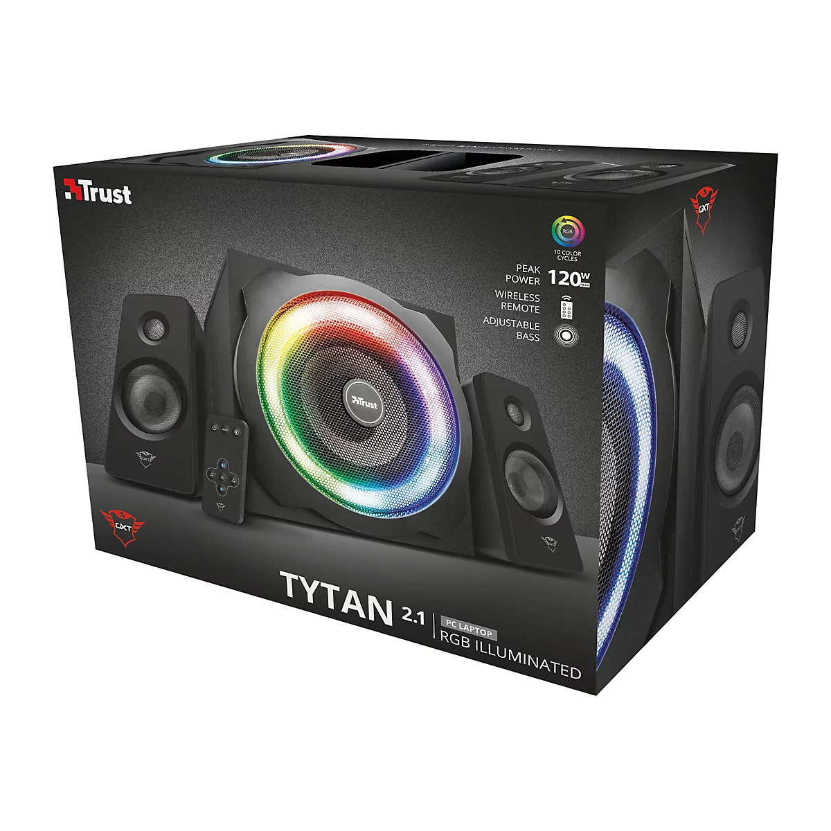 Schwarzes Lautsprechersystem in Box. Mittig groÃŸer Subwoofer mit farbigem Lichtkranz, zwei kleinere Lautsprecher daneben.