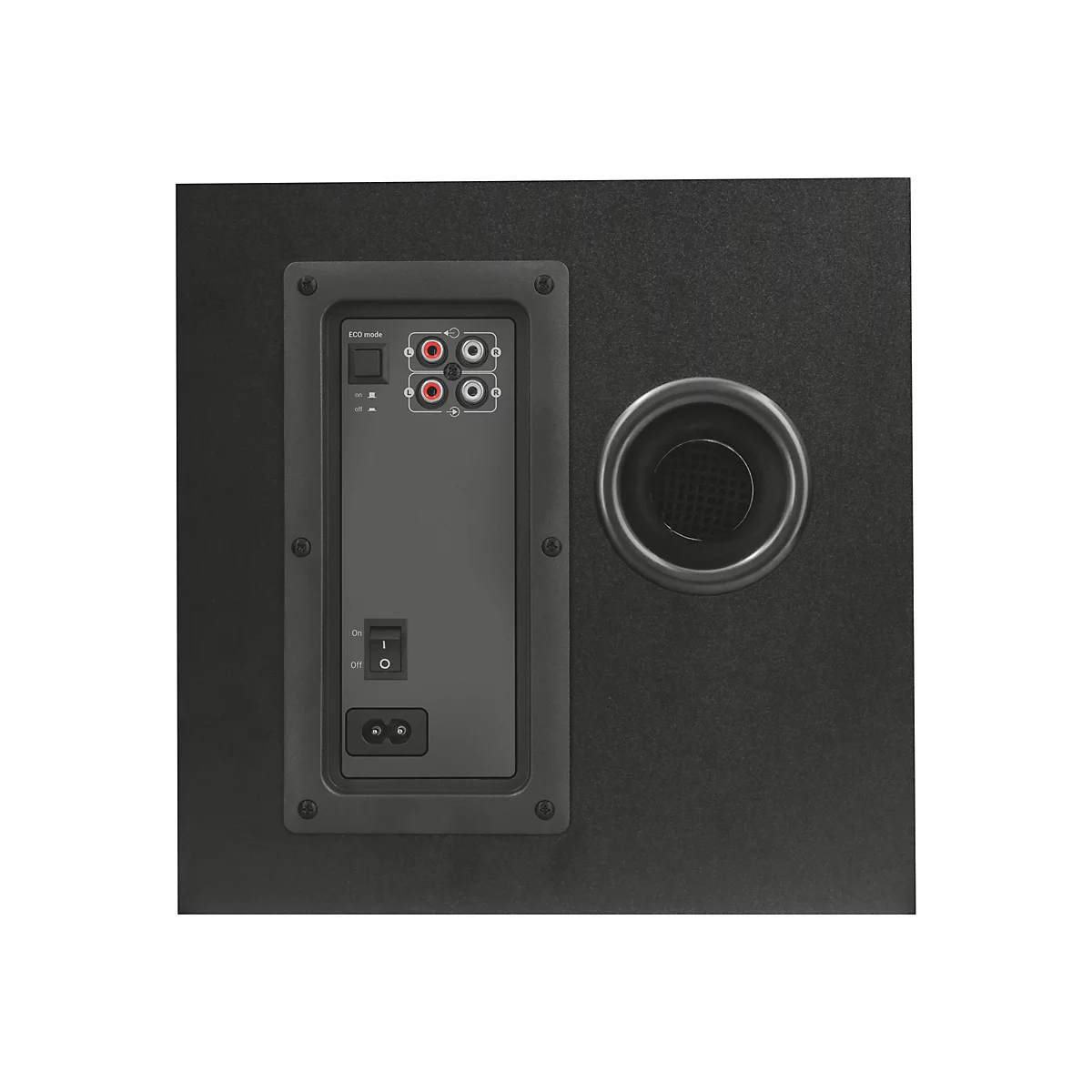 Schwarzer Subwoofer, RÃ¼ckseite mit AnschlÃ¼ssen, Schaltern und Lautsprecher.