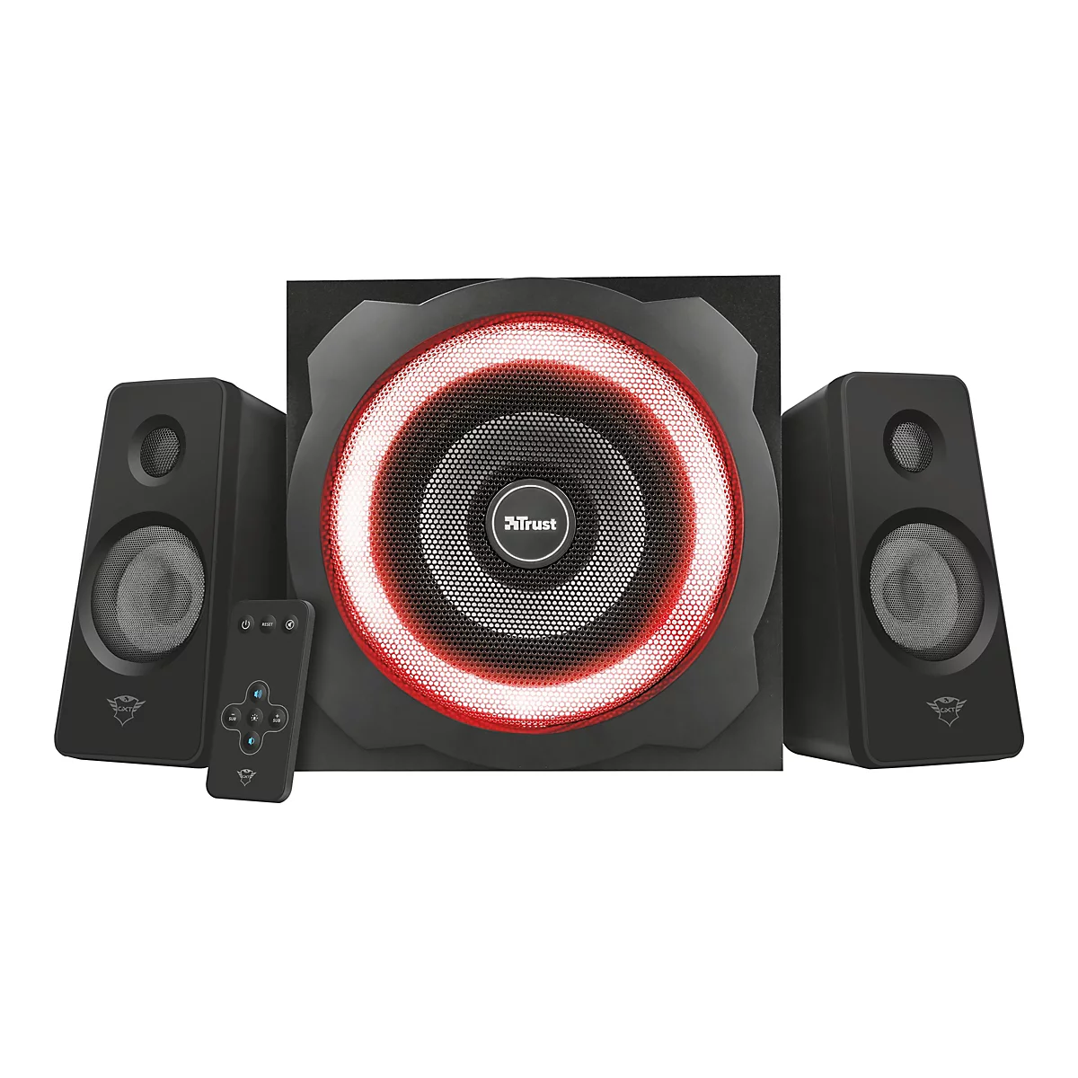 Schwarzes Lautsprecher-Set mit Subwoofer, zwei Satellitenlautsprechern und Fernbedienung. Subwoofer mit rotem Lichtring.