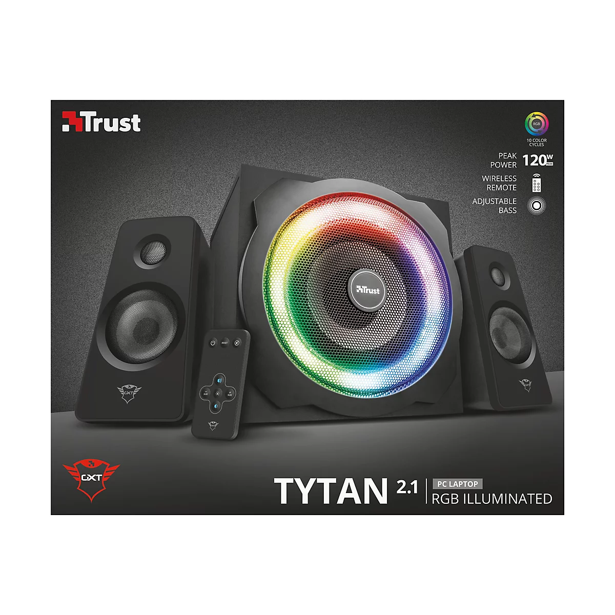 Schwarzes Lautsprecher-Set mit RGB-Beleuchtung. Zwei Satelliten-Lautsprecher, ein Subwoofer und eine Fernbedienung. Aufschrift: TYTAN 2.1, Trust.