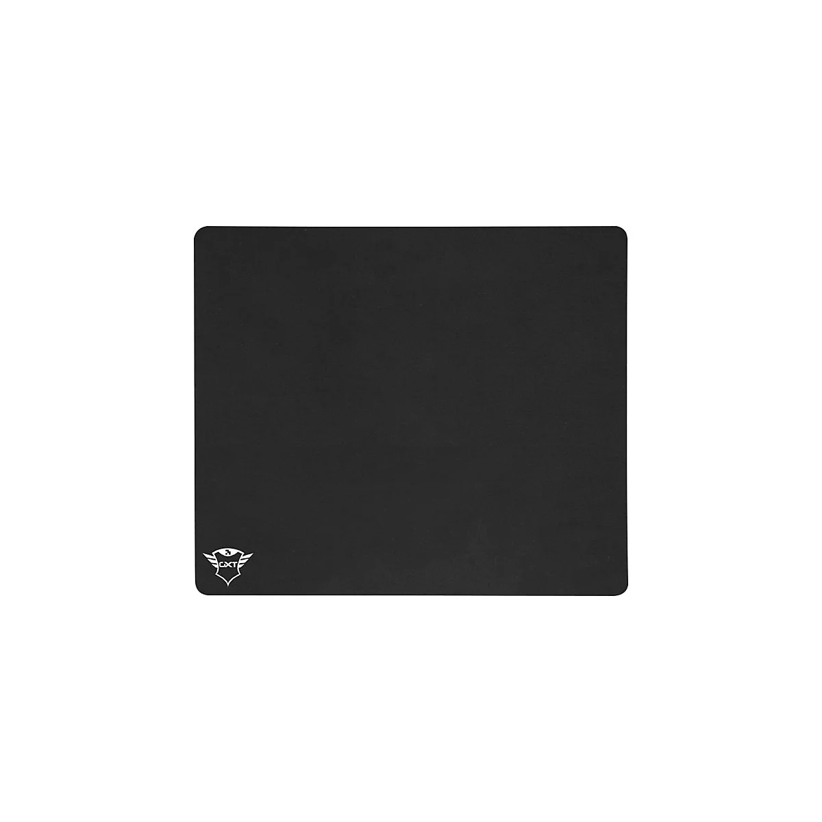 Schwarzes rechteckiges Mauspad mit kleinem Trust-Logo unten links.