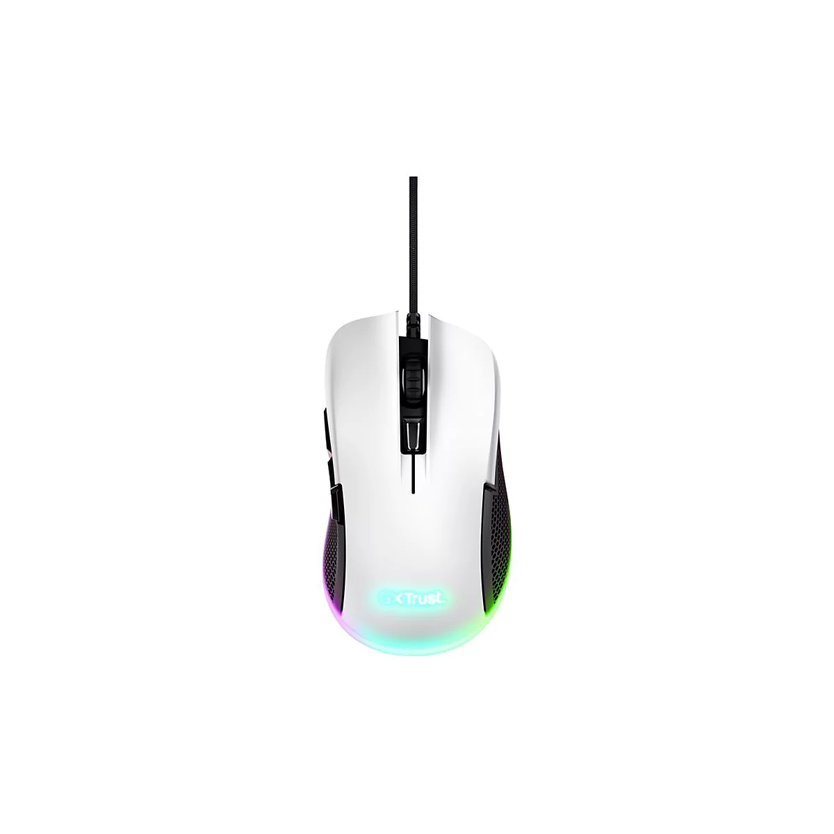 Weiße Gaming-Maus von Trust mit RGB-Beleuchtung vor weißem Hintergrund.