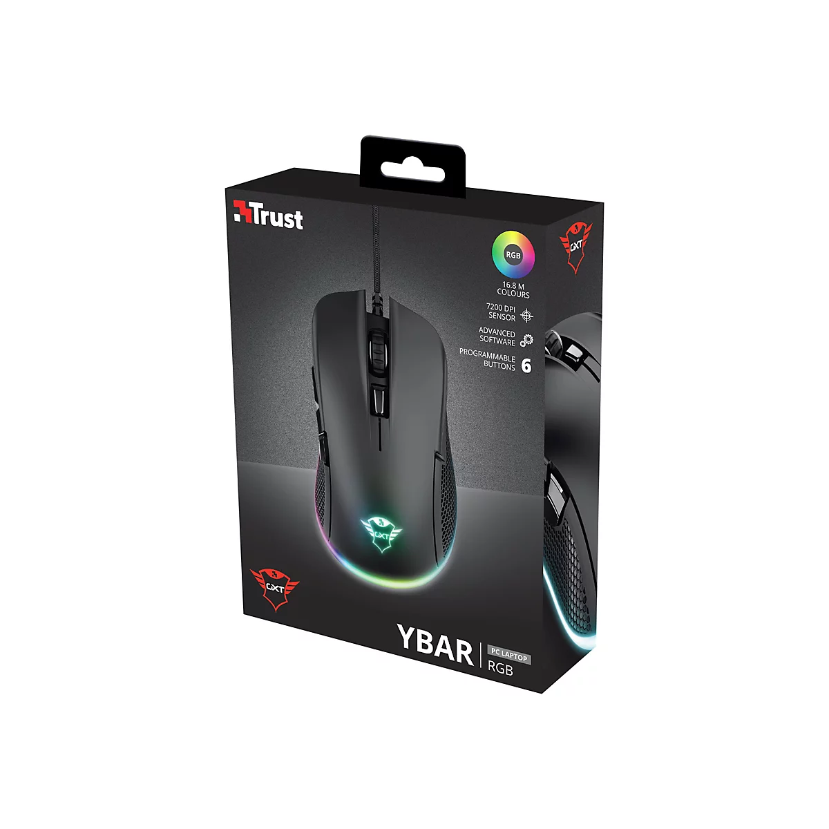 Produktverpackung der schwarzen Trust YBAR Gaming-Maus mit RGB-Beleuchtung und technischer Spezifikation.