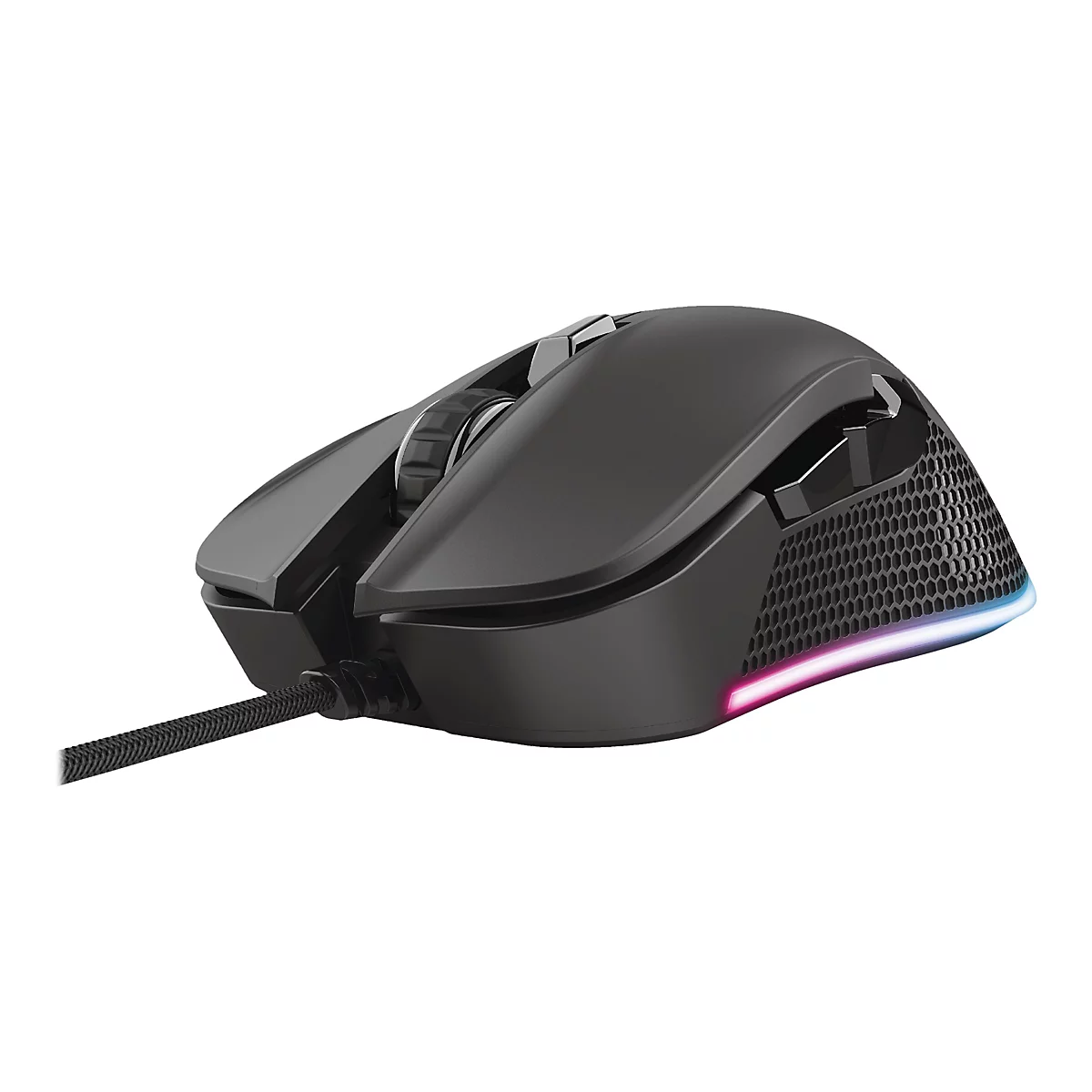 Schwarze Gaming-Maus mit Kabel, Wabenstruktur an der Seite und beleuchteter RGB-Leiste auf weißem Hintergrund.