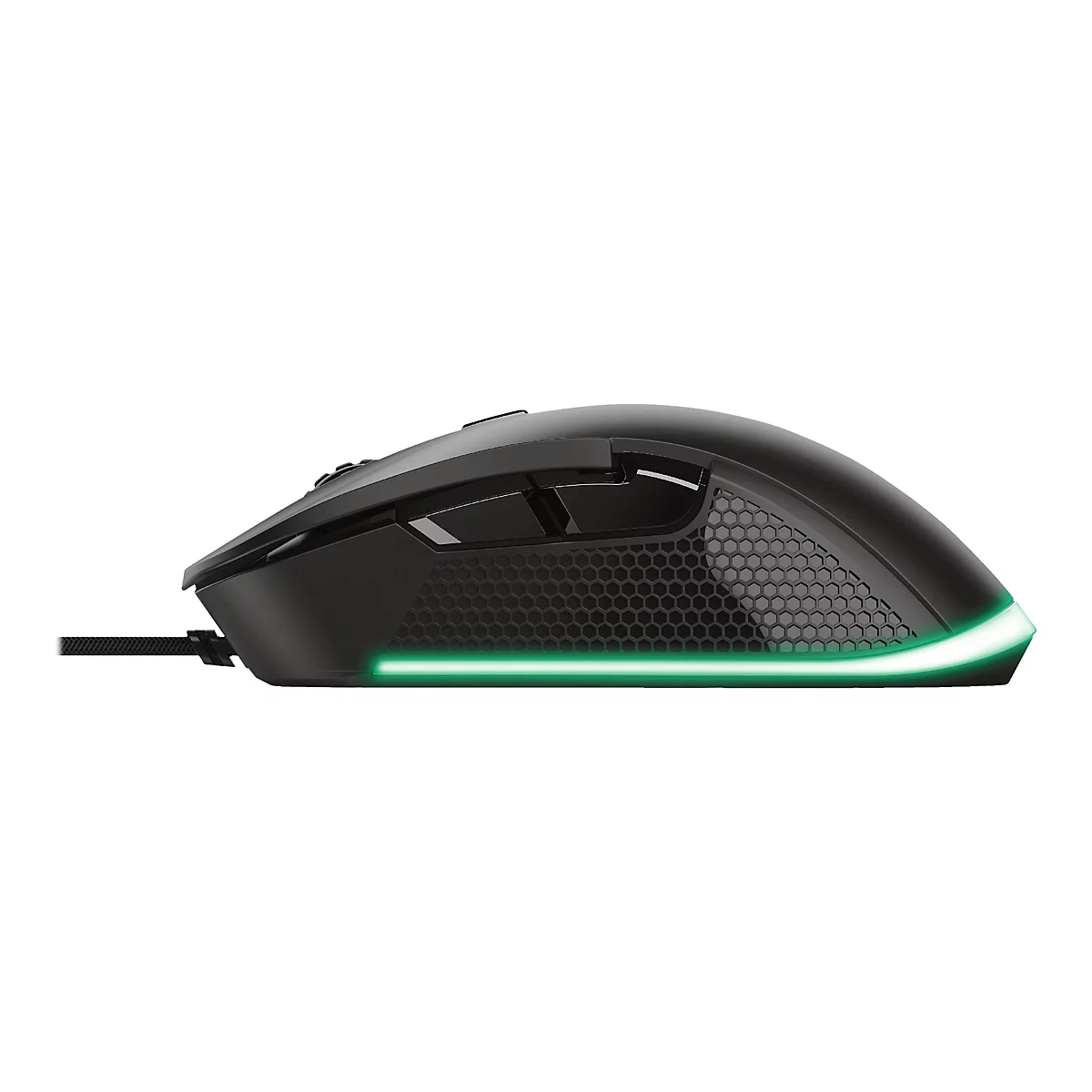 Schwarze Gaming-Maus mit Wabenmuster an der Seite und grün leuchtendem LED-Streifen vor weißem Hintergrund.