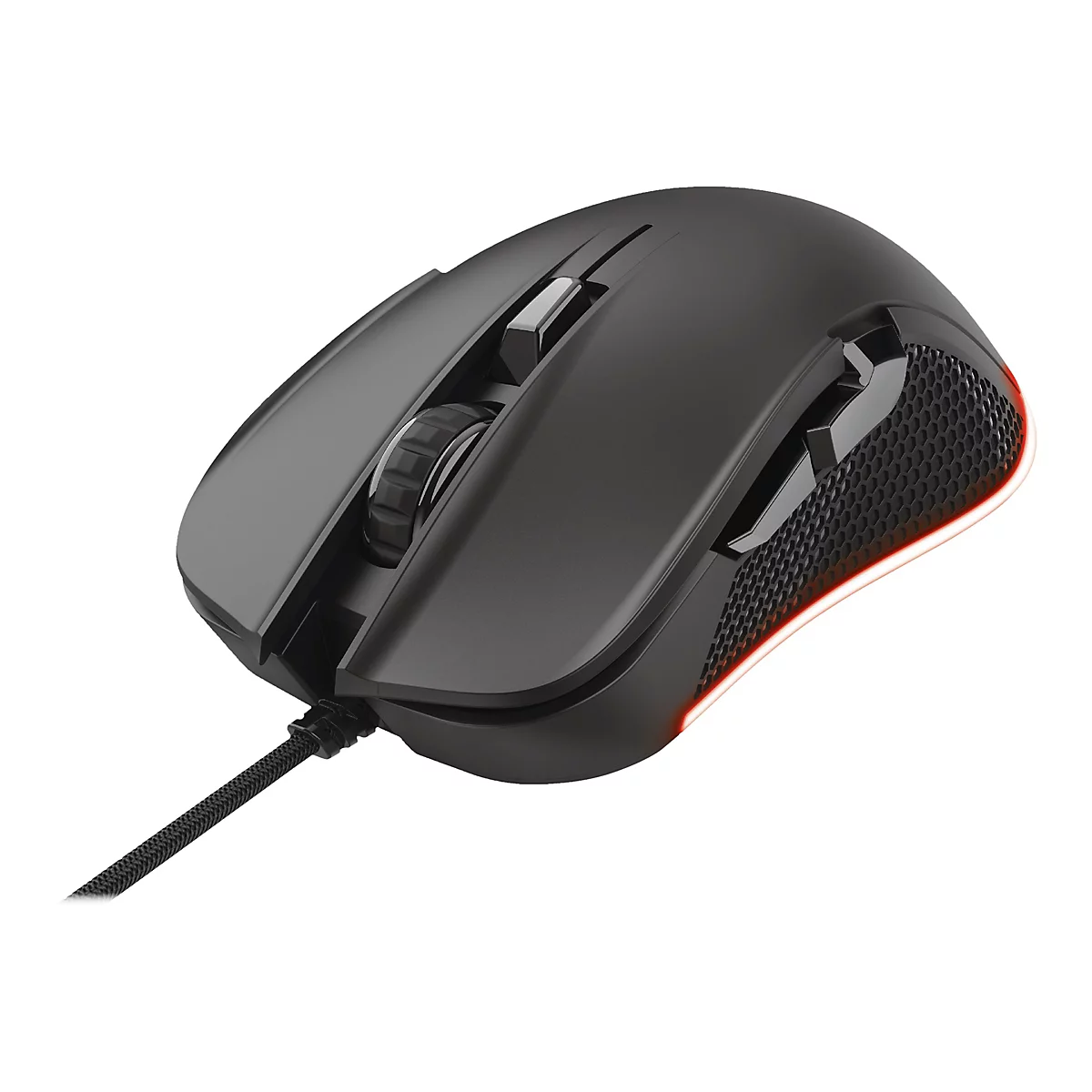 Schwarze Gaming-Maus mit Kabel, Wabenstruktur an den Seiten und roter LED-Beleuchtung auf weißem Hintergrund.