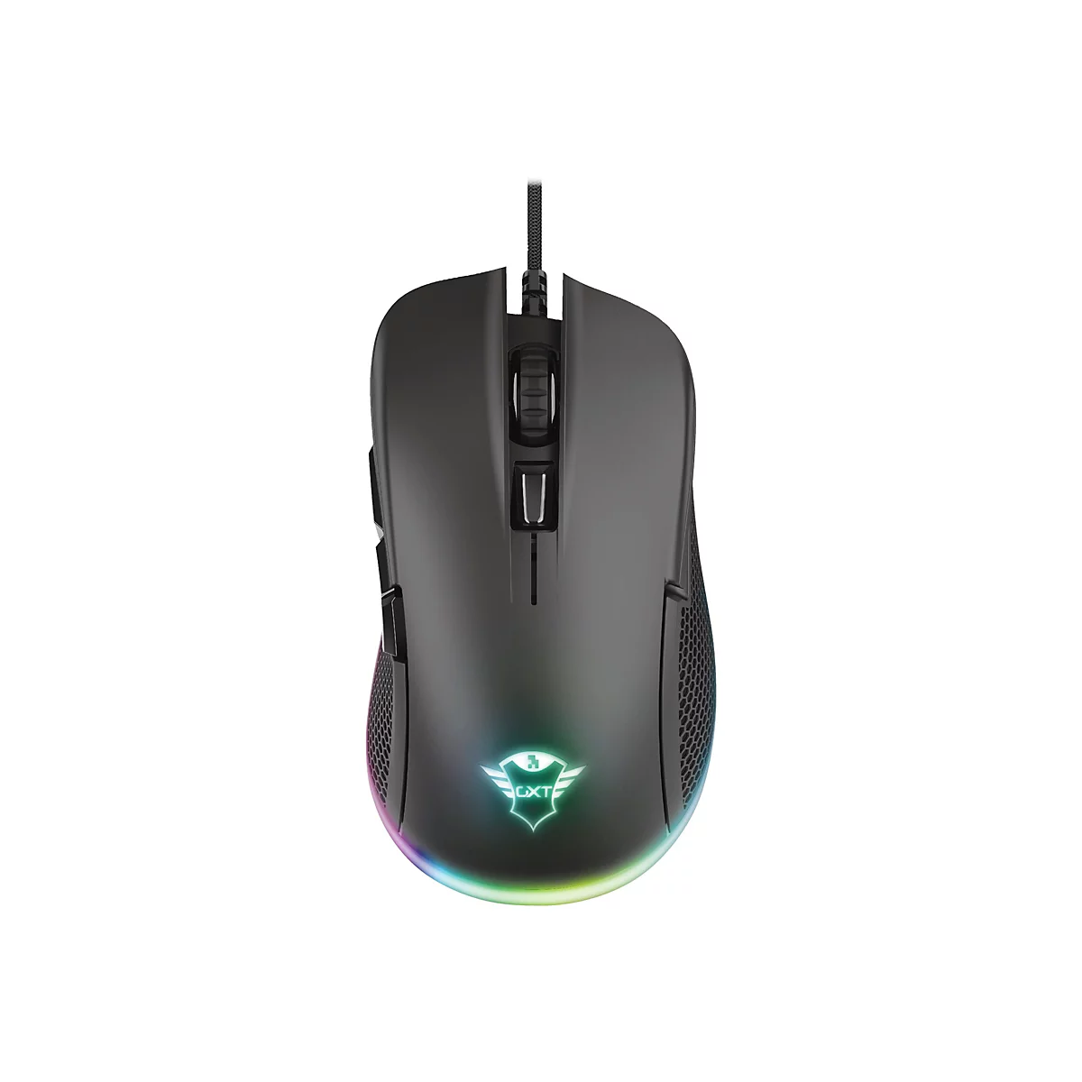Schwarze Gaming-Maus mit RGB-Beleuchtung und GXT-Logo auf weißem Hintergrund.