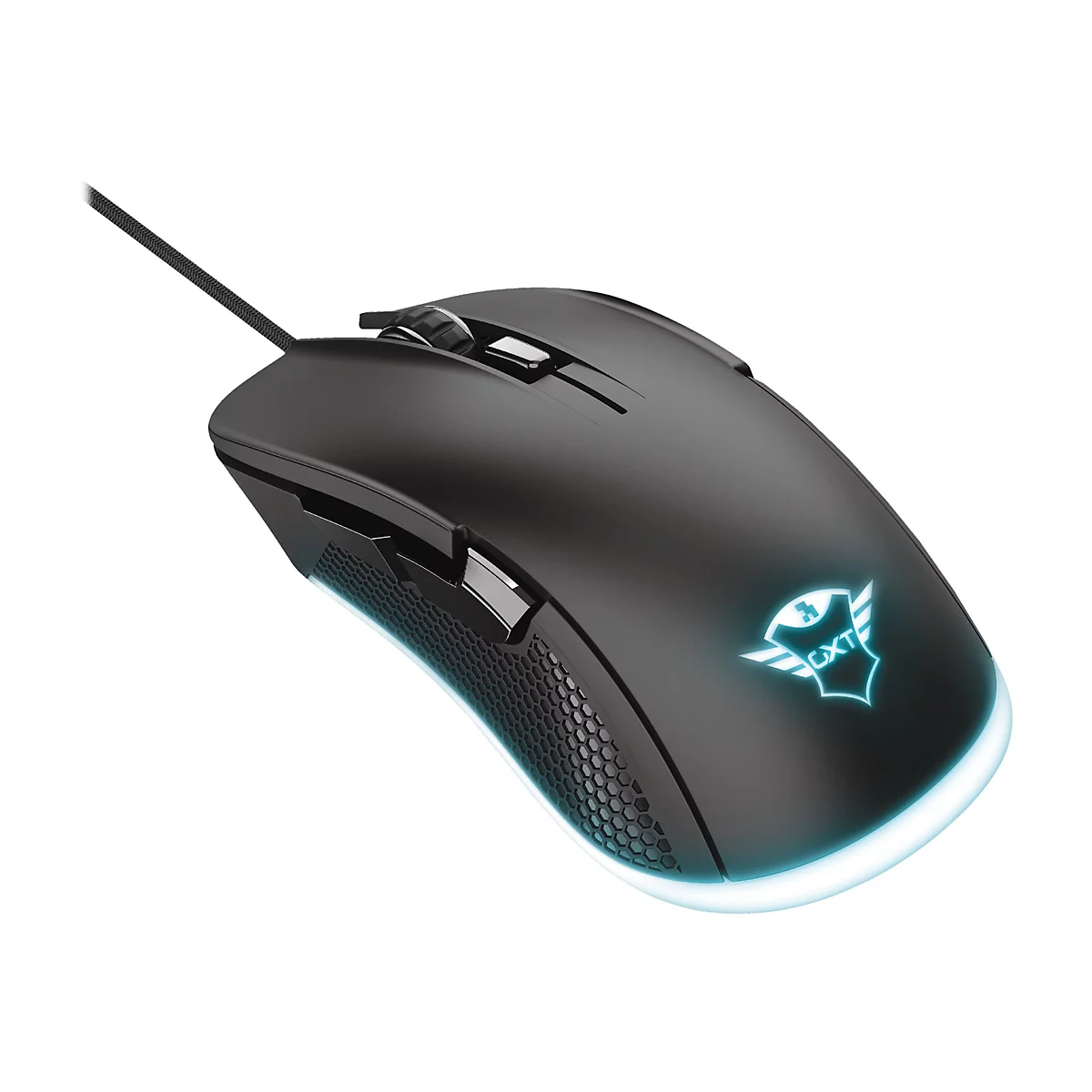 Schwarze Gaming-Maus mit blauer LED-Beleuchtung und beleuchtetem GXT-Logo vor weißem Hintergrund.