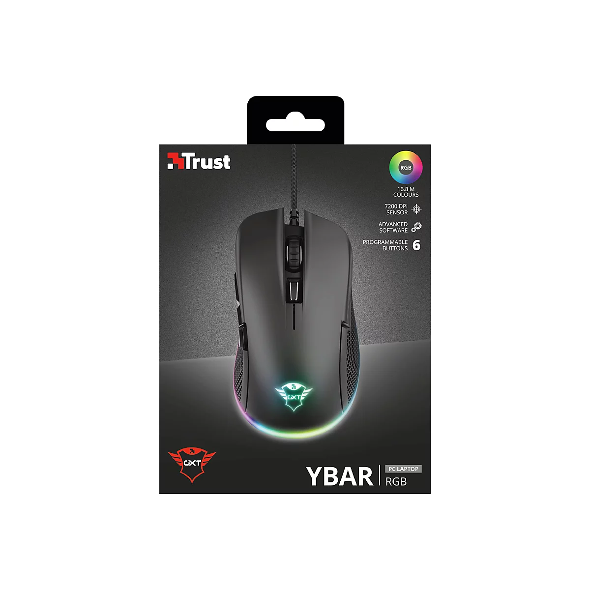 Schwarze Trust YBAR Gaming-Maus in der Verpackung mit RGB-Beleuchtung und technischer Spezifikationsliste.