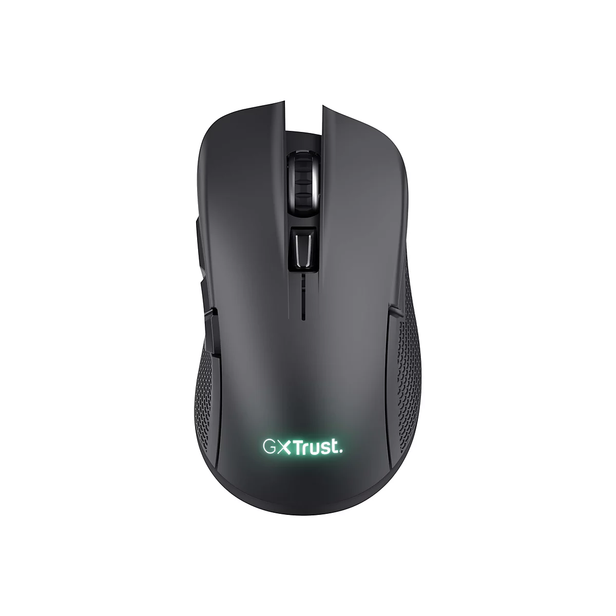 Schwarze Gaming-Maus mit leuchtendem GXTrust-Logo auf weißem Hintergrund.