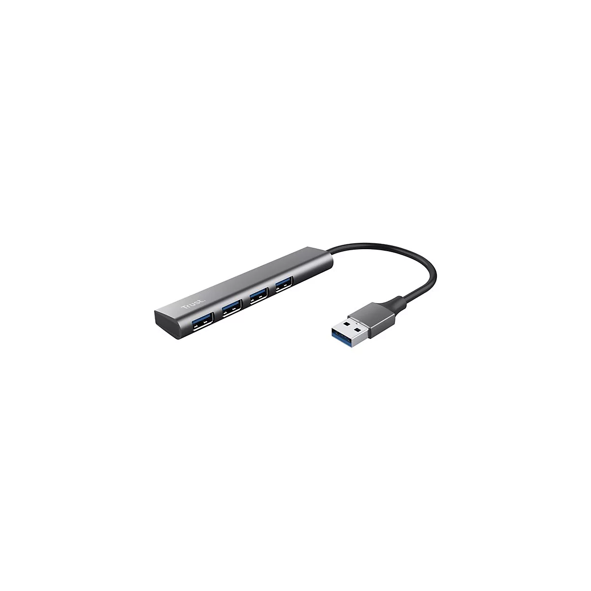 Grauer Trust USB-Hub mit vier Anschlüssen und kurzem USB-Kabel auf weißem Hintergrund.