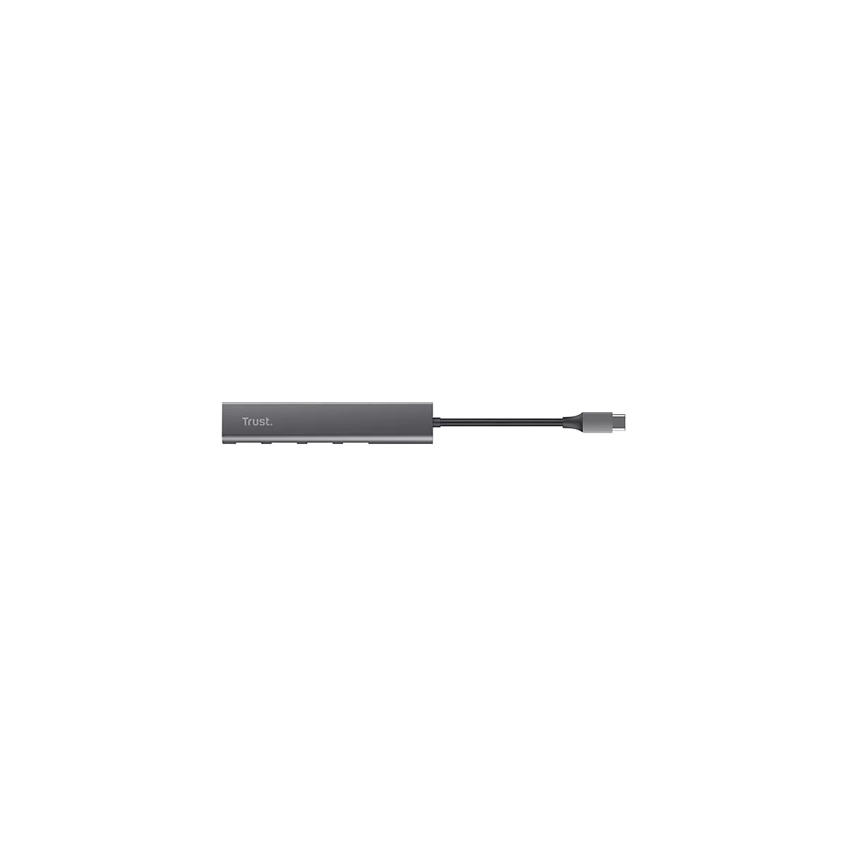 Grauer Trust USB-C Multiport-Adapter mit kurzem Kabel und USB-C-Stecker vor weißem Hintergrund.