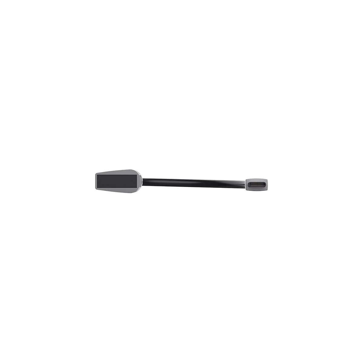 Schwarzes Mikrofon mit grauem Kopf und USB-C-Anschluss vor weißem Hintergrund.