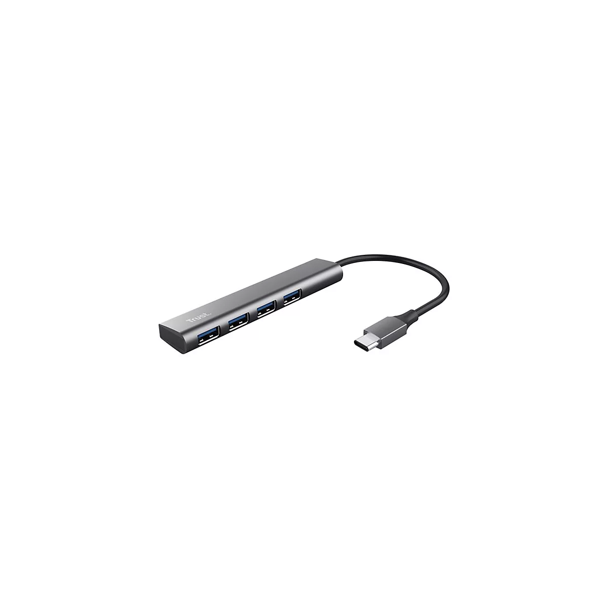 Grauer USB-C-Hub von Trust mit vier USB-Anschlüssen vor weißem Hintergrund.