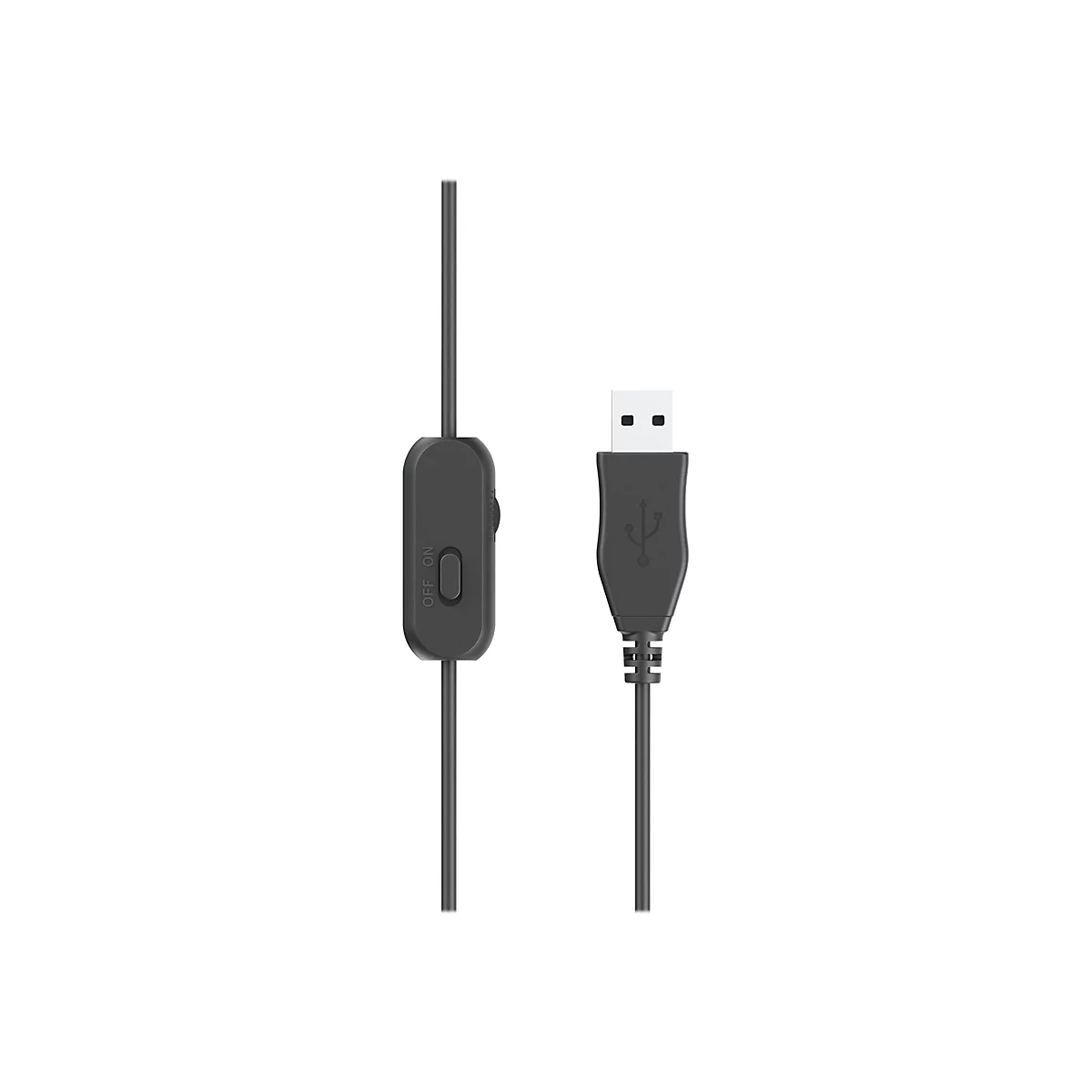 Schwarzes USB-Kabel mit Schalter für Ein und Aus sowie USB-Anschluss vor weißem Hintergrund.