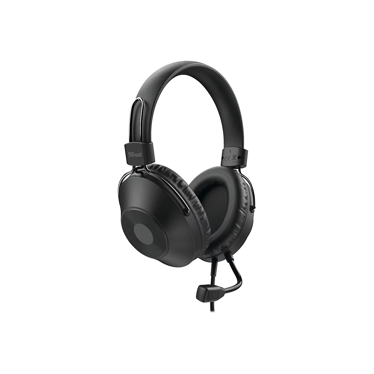 Schwarzes Trust Headset mit Mikrofon auf weißem Hintergrund.