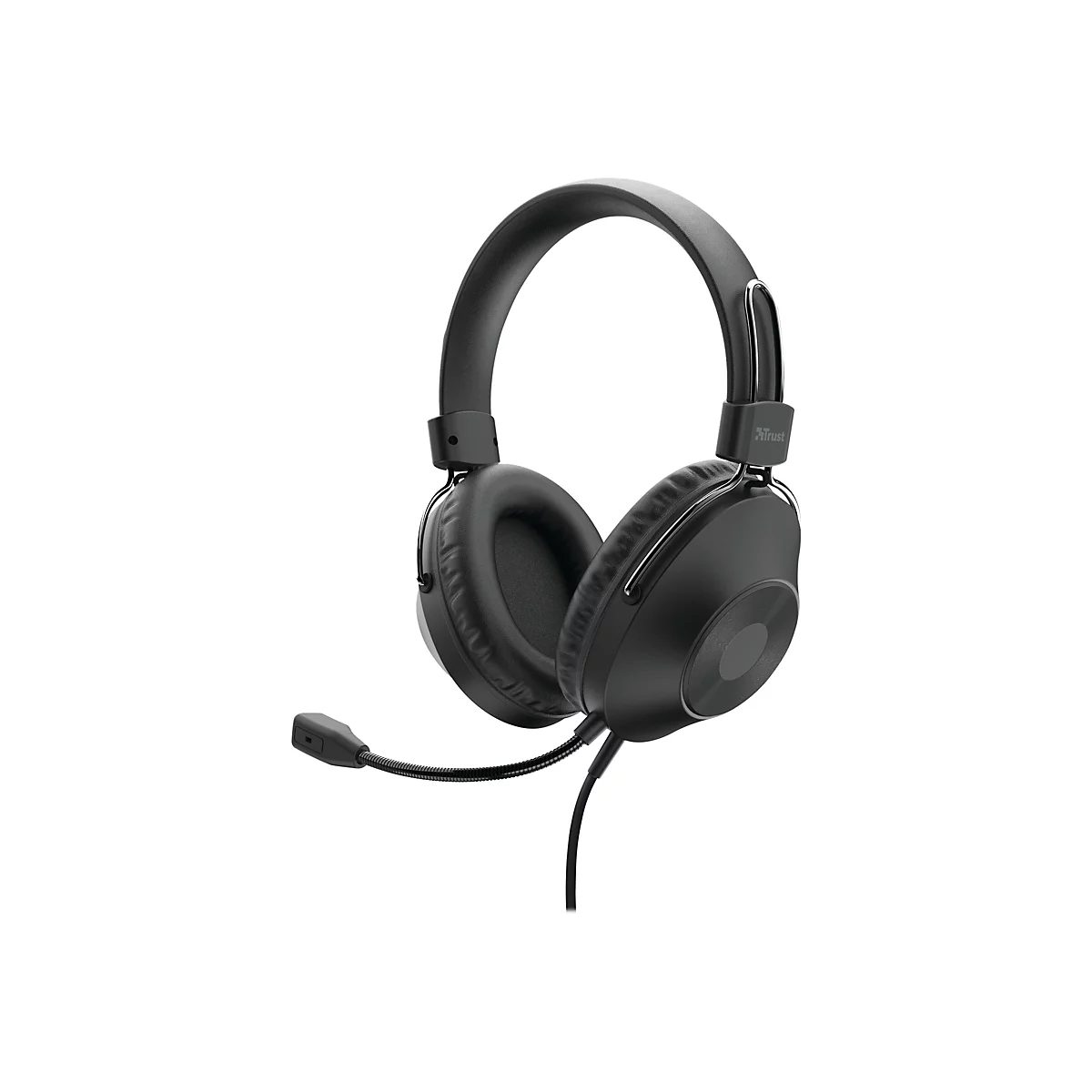 Schwarzes kabelgebundenes Trust Gaming-Headset mit Ohrpolstern und schwenkbarem Mikrofon vor weißem Hintergrund.