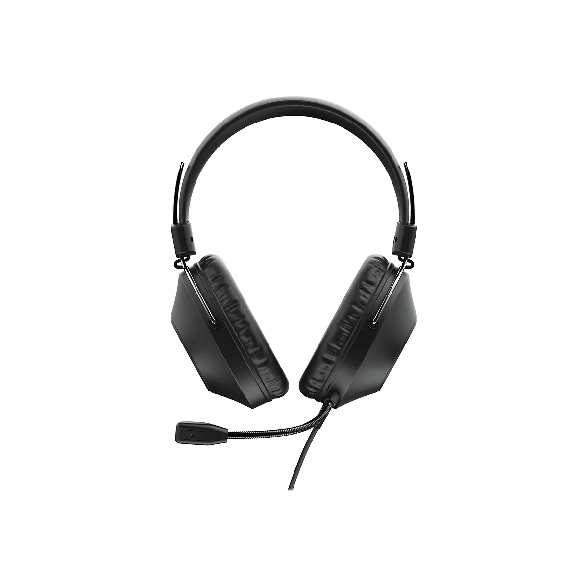 Schwarzes Gaming-Headset mit Kopfbügel und seitlich angebrachtem Mikrofon vor weißem Hintergrund.