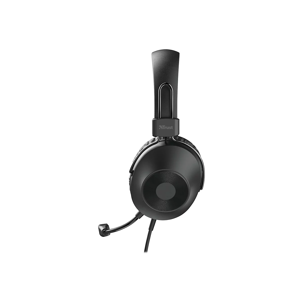 Schwarzes Trust Headset mit Mikrofonarm vor weißem Hintergrund.