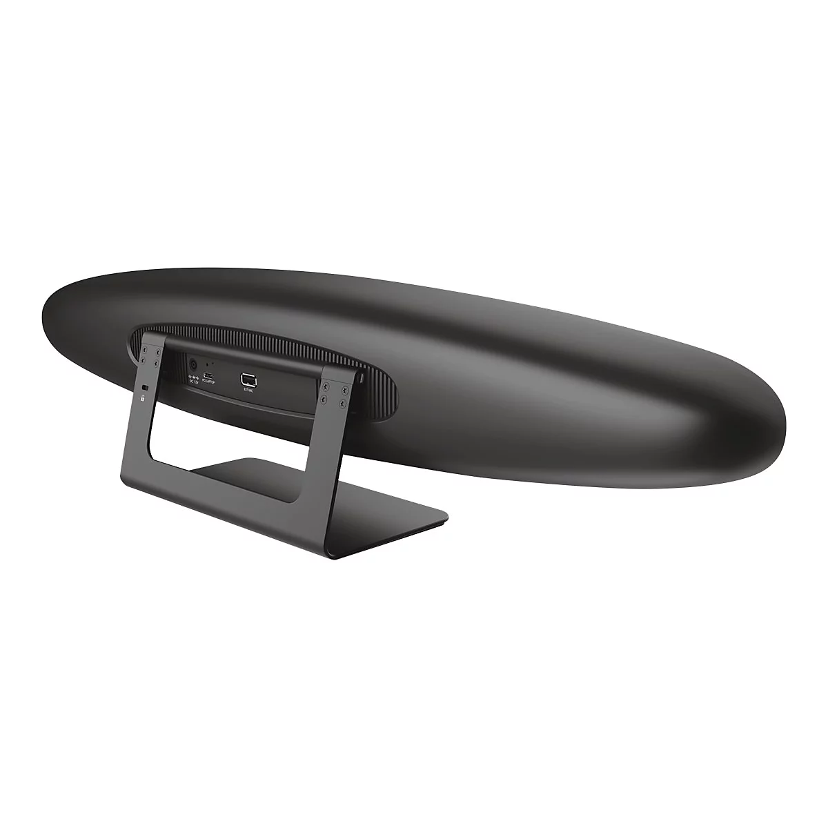 Rückansicht einer schwarzen, ovalen Soundbar auf einem metallenen Standfuß vor weißem Hintergrund.
