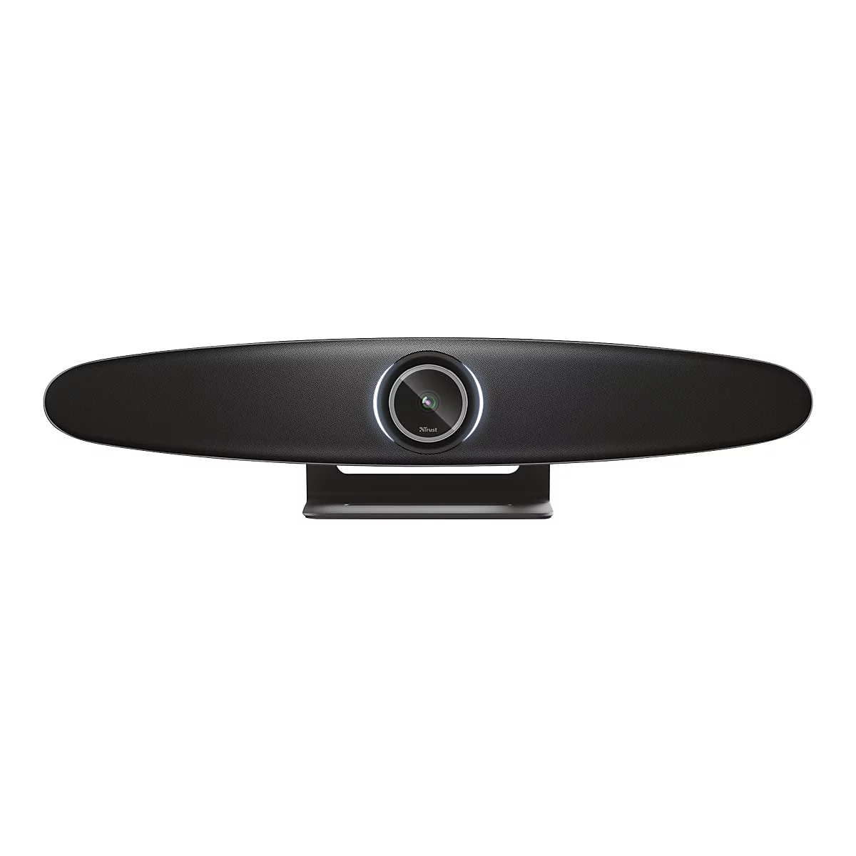 Schwarze, ovale Trust-Webcam auf einem Standfuß mit zentralem, von Lichtringen umrahmtem Kameraobjektiv.