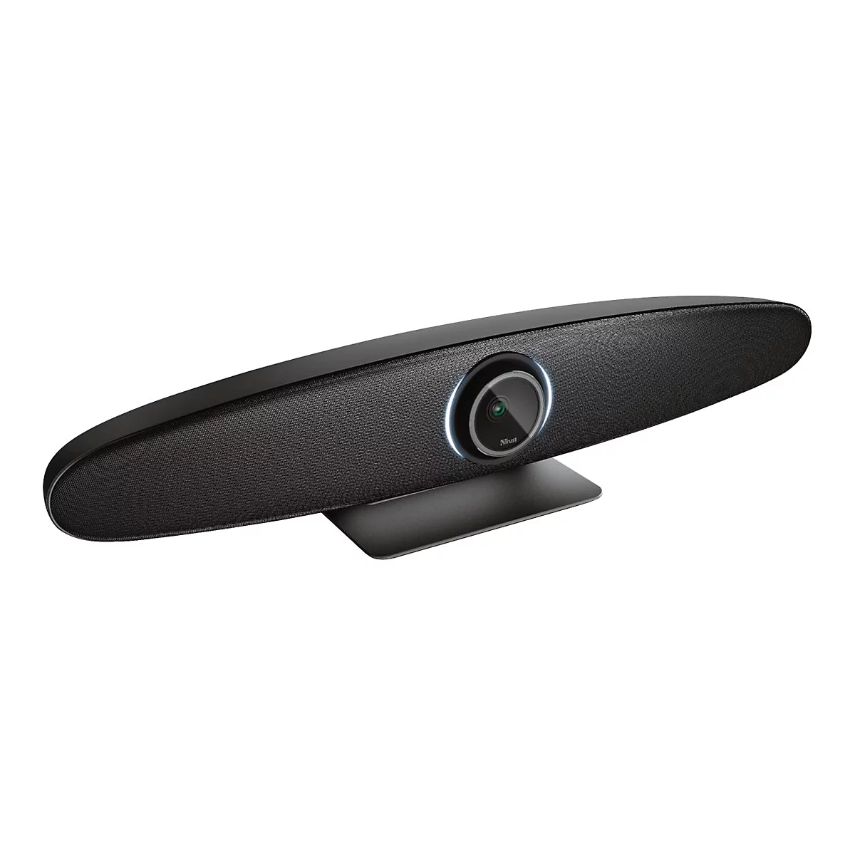 Schwarze Konferenz-Webcam in länglicher Soundbar-Form mit mittiger Kamera und weißem Lichtring auf weißem Hintergrund.