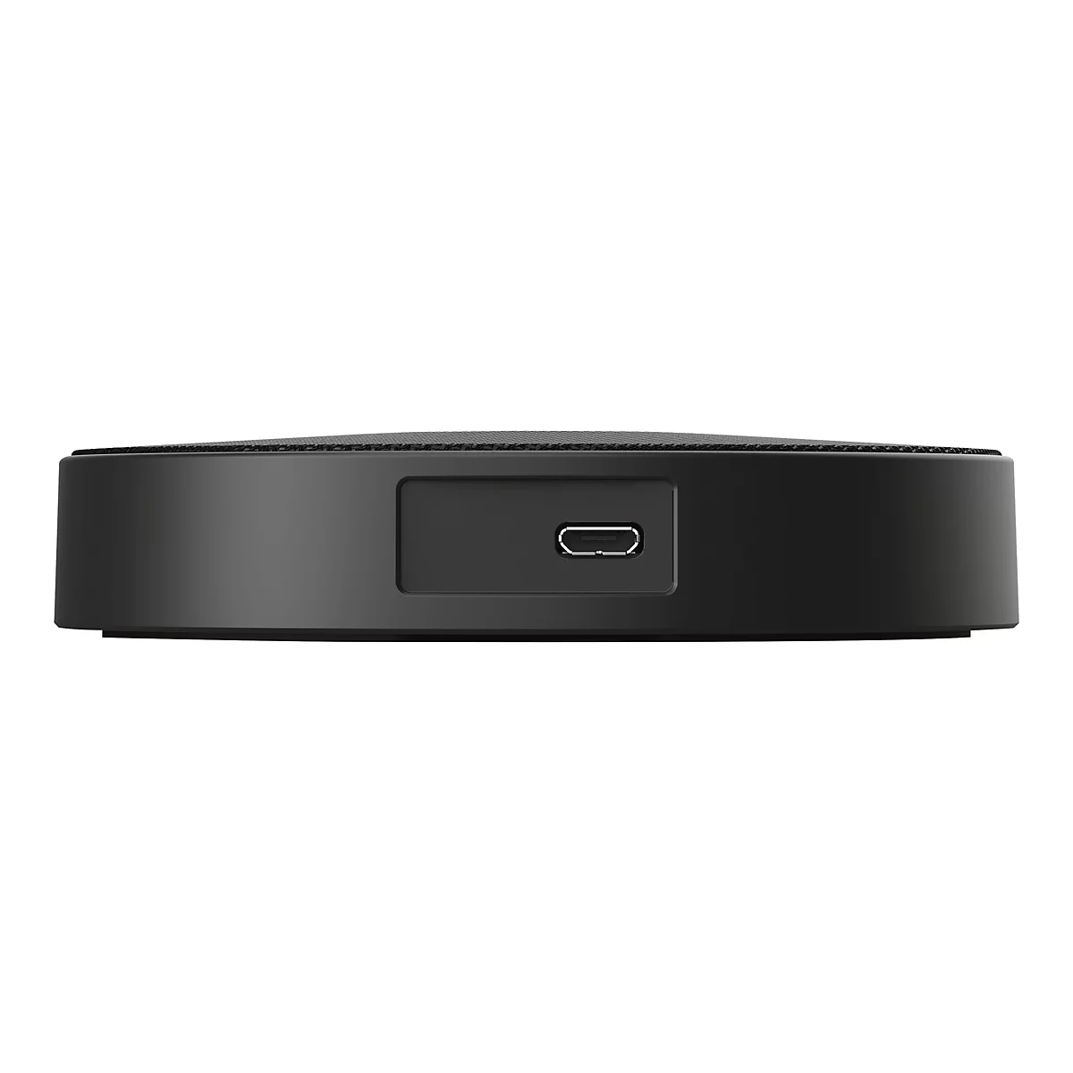 Nahaufnahme der USB-C Ladebuchse an der Seite eines schwarzen, runden Lautsprechers vor weißem Hintergrund.