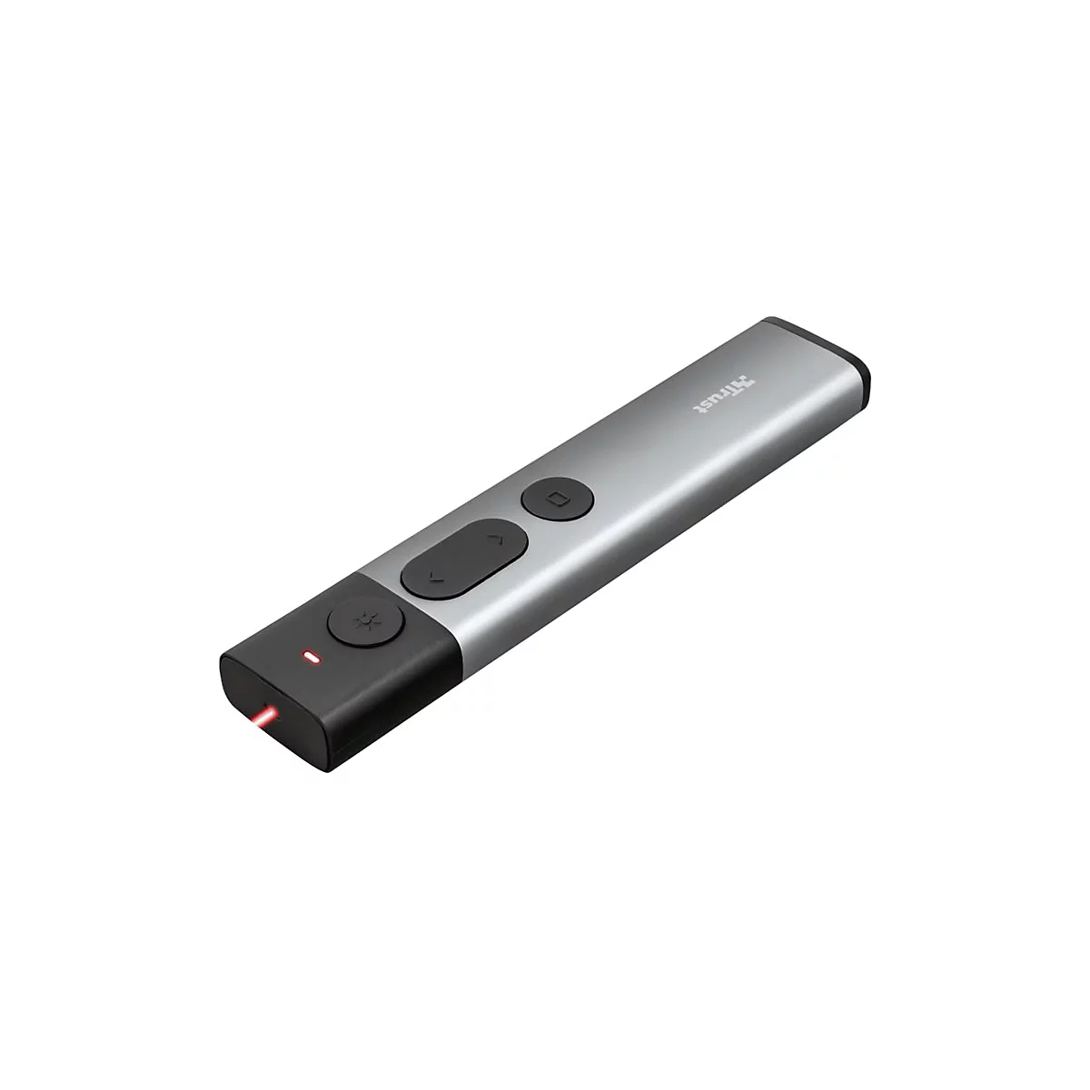 Silberner Präsentations-Pointer von Trust mit schwarzen Tasten und rotem Laserpunkt auf weißem Hintergrund.