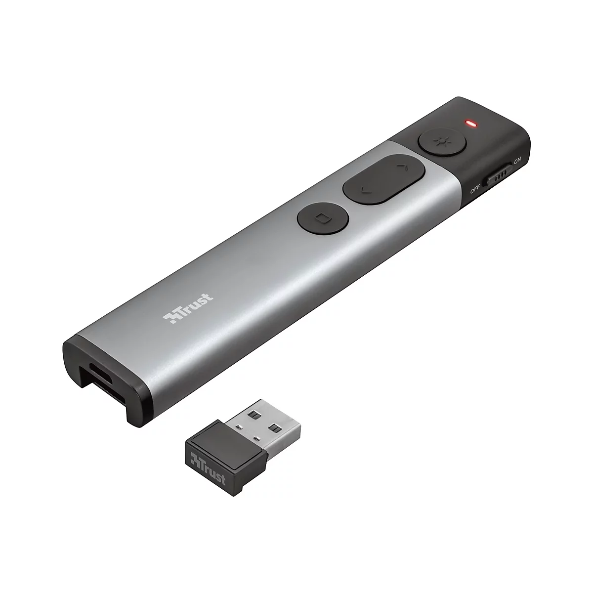 Grauer Trust Presenter mit schwarzem Tastenfeld und roter Statusleuchte, daneben ein USB-Empfänger.