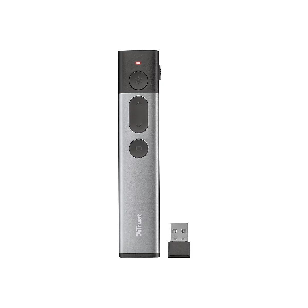 Grauer Trust Laser-Präsentations-Pointer mit Bedienknöpfen und kleinem USB-Empfänger auf weißem Grund.