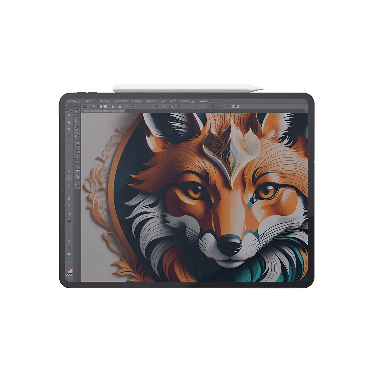Ein Tablet mit einem bunten Fuchsbild, das in einer Grafiksoftware bearbeitet wird. Die Menüleiste ist oben abgebildet.