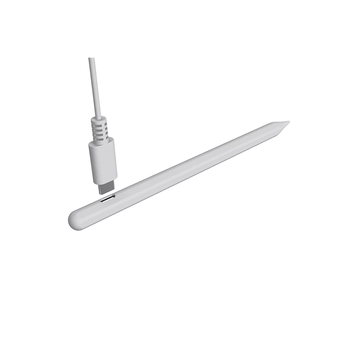Ein weißer Eingabestift mit angedocktem Ladekabel, auf weißem Hintergrund.