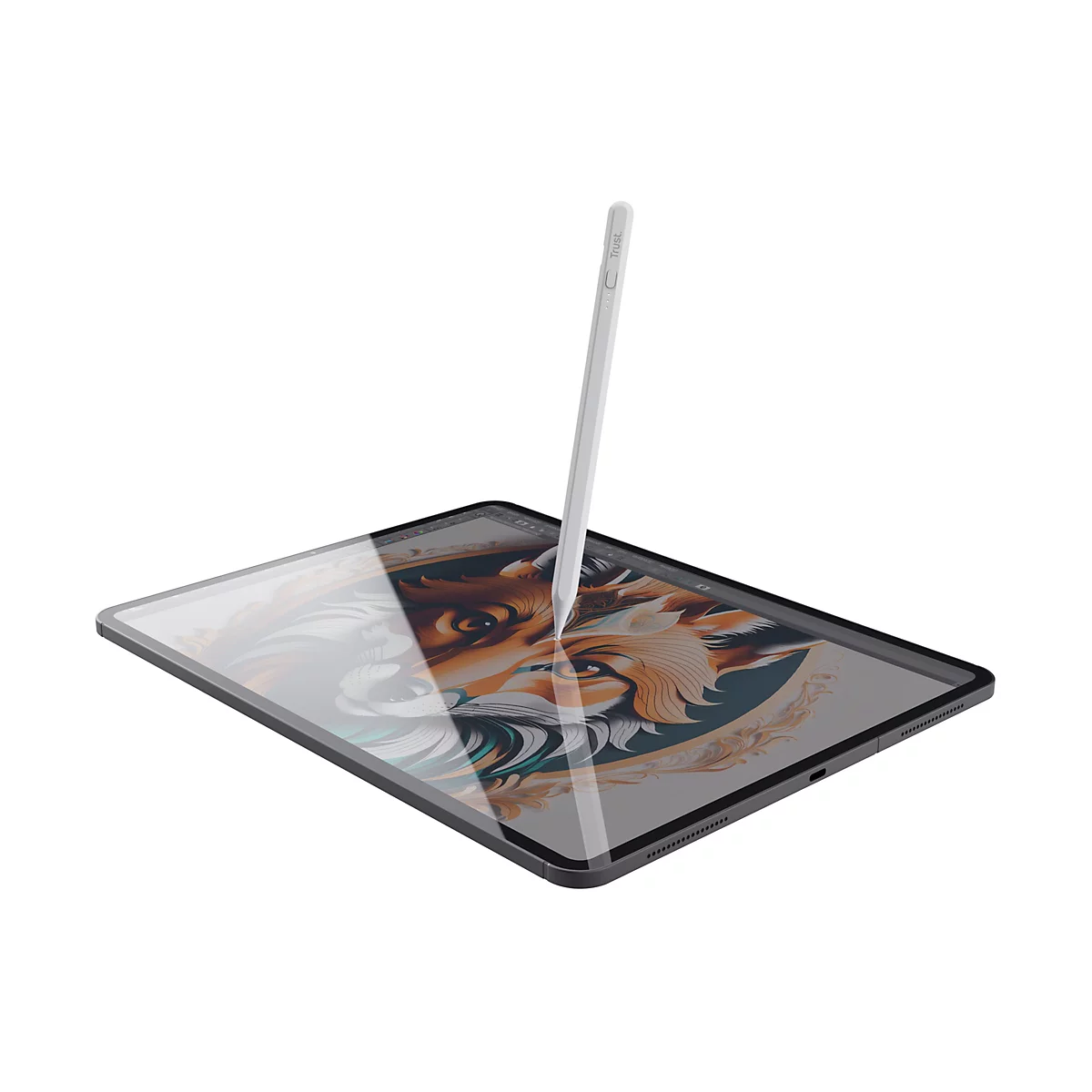 Ein Tablet mit einem Stift, der darüber schwebt. Auf dem Bildschirm ist ein Fuchs-Gesicht zu sehen.