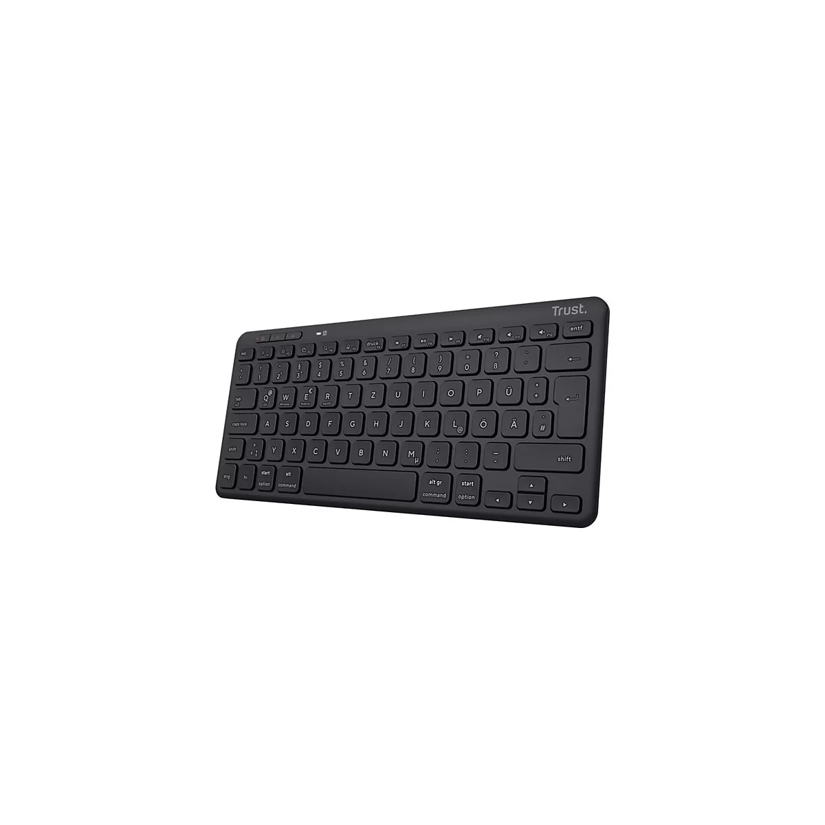 Schwarze kabellose Trust Tastatur im deutschen Layout vor weißem Hintergrund.